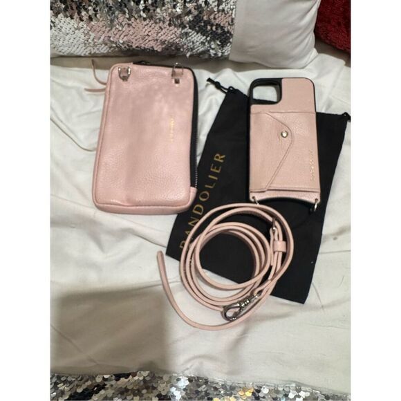 Bandolie donna iPhone 13 case & pink leather crossbody /belt/strap set w/pouch